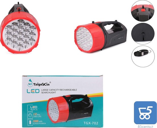 Torcia a 19 LED - ricaricabile ad alta potenza con batteria da1500 mah