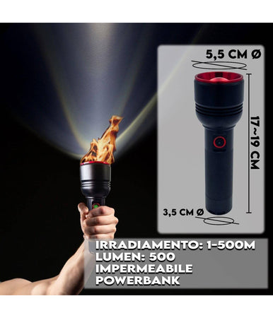 Torcia A Led Professionale Ricaricabile Potente Luce Zoom Fino A 500mt Powerbank