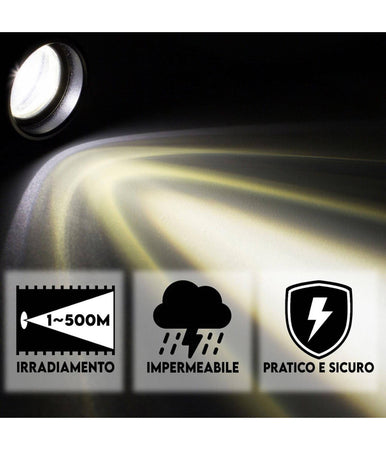 Torcia A Led Professionale Ricaricabile Potente Luce Zoom Fino A 500mt Powerbank