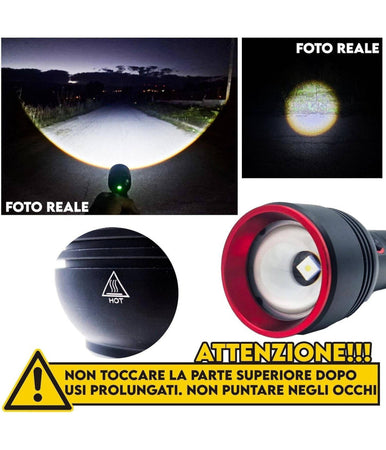 Torcia A Led Professionale Ricaricabile Potente Luce Zoom Fino A 500mt Powerbank
