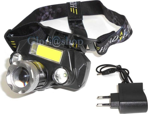 Torcia-Frontale-3-Led-1-Cob-Zoom-Luce-Bianca-Batteria-Litio-Ricaricabile-Carica-Each
