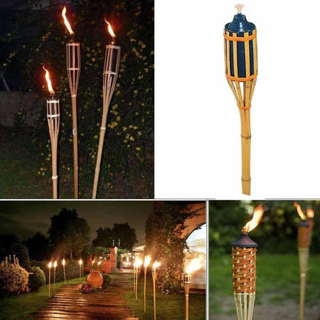 Torcia in bambù con recipiente in metallo per olio alla citronella antizanzare