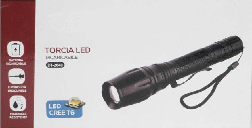 Torcia Led Ricaricabile Cree T6 Luce Regolabile Casa Campeggio Escursioni Dt-2048 Fai da te/Sicurezza e protezione/Torce/Torce elettriche portatili (standard) Trade Shop italia - Napoli, Commerciovirtuoso.it
