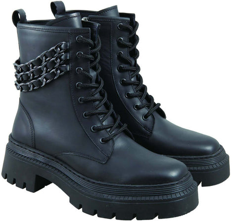 Toscablu Stivale Donna Nero Anfibio Casual in Pelle Fondo Carrarmato 5 Cm Dettaglio Catene Collezione Aut-Inv 2022/23