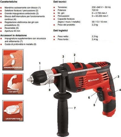 TRAPANO A PERCUSSIONE EINHELL TH-ID 720/1 E MOTORE 720 W MANDRINO 13 MM Fai da te/Utensili elettrici e a mano/Utensili elettrici/Trapani/Trapani a percussione Trade Shop italia - Napoli, Commerciovirtuoso.it