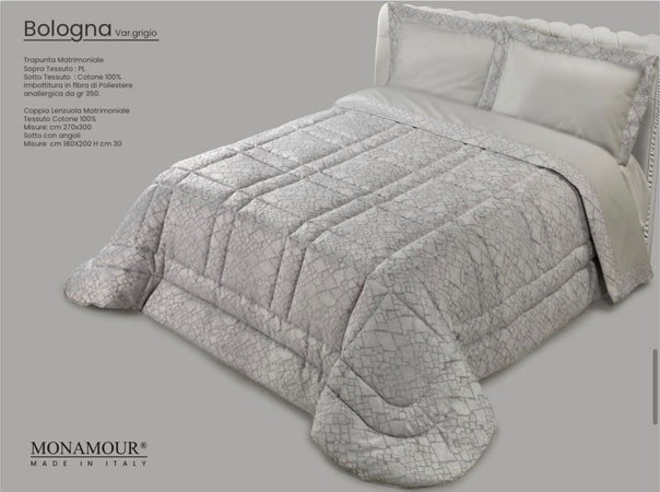 Trapunta matrimoniale invernale Mon Amour art. Bologna Sopra tessuto: PL Sotto tessuto: cotone 100% imbottitura in fibra di poliestere anallergica da gr.350 Casa e cucina/Tessili per la casa/Biancheria da letto/Coperte e trapunte/Trapunte Biancheria Arredo Home - Nola, Commerciovirtuoso.it