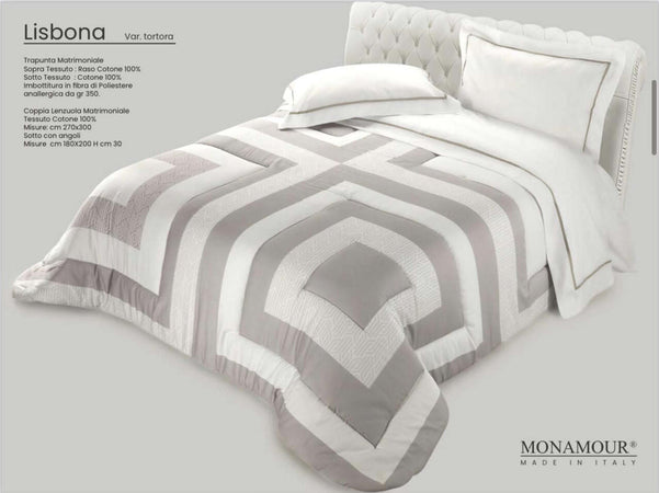 Trapunta matrimoniale invernale Mon Amour art. Lisbona Sopra tessuto: PL Sotto tessuto: cotone 100% imbottitura in fibra di poliestere anallergica da gr.350 Casa e cucina/Tessili per la casa/Biancheria da letto/Coperte e trapunte/Trapunte Biancheria Arredo Home - Nola, Commerciovirtuoso.it