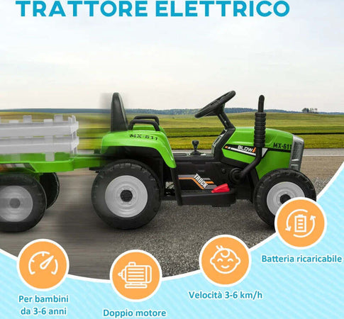 Trattore-Elettrico-per-Bambini-3-6-Anni-con-Rimorchio-Rimovibile,-Batteria-12V-e-Telecomando,-Verde-RG1370-281V90GNRG1