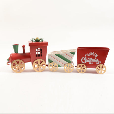 Trenino natalizio con 2 vagoni in metallo color rosso-verde per decorazioni natalizie