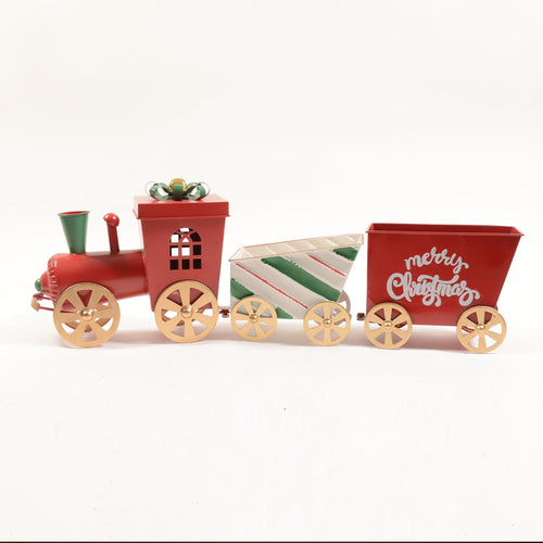 Trenino natalizio con 2 vagoni in metallo color rosso-verde per decorazioni natalizie