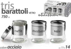 Tris Barattoli Barattolino 750ml 11x14cm Vetro Sale Zucchero Caffe 772016 Acciaio Casa e cucina/Organizzazione interni/Contenitori e barattoli da cucina/Conservazione cibi/Barattoli e contenitori Trade Shop italia - Napoli, Commerciovirtuoso.it