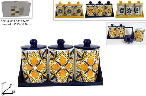 Tris Barattoli Set 3 Pz Barattoli Con Supporto Ceramica Decoro Fantasia Maiolica Casa, arredamento e bricolage > Cucina > Barattoli e Contenitori Trade Shop italia - Napoli, Commerciovirtuoso.it