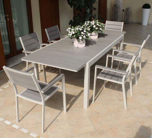 TRIUMPHUS---set-tavolo-da-giardino-allungabile-180/240x100-compreso-di-8-poltrone-in-alluminio-e-polywood-Tortora-Milani-Home