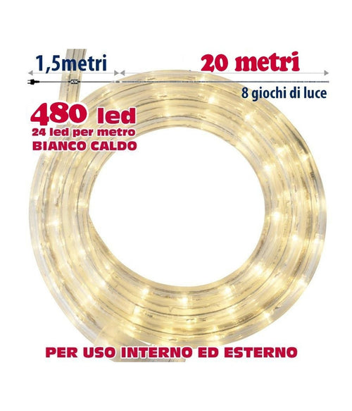 Tubo Luminoso 20 Metri Led Bianco Caldo 480 Luci Per Interno E Per Esterno