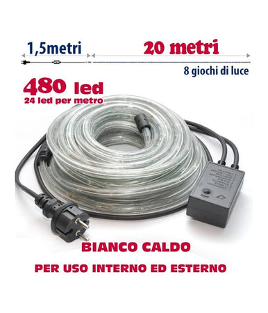 Tubo Luminoso 20 Metri Led Bianco Caldo 480 Luci Per Interno E Per Esterno
