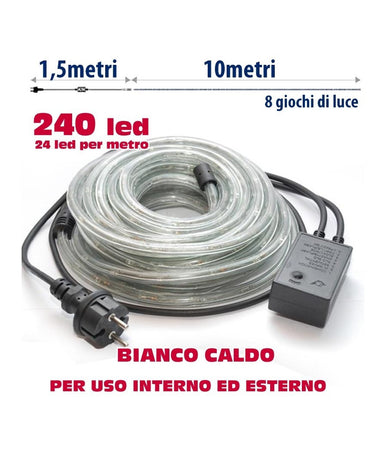 Tubo Luminoso Natalizio 10 Metri Led Bianco Caldo Con Controller 8 Funzioni