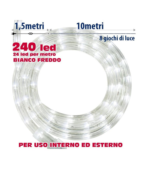 Tubo Luminoso Natalizio 10 Metri Led Bianco Freddo Con Controller 8 Funzioni