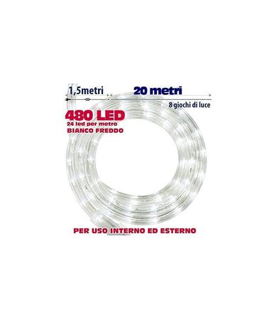 Tubo Luminoso Natalizio 20 Mt Led Bianco Freddo Controller 8 Funzioni X Esterno