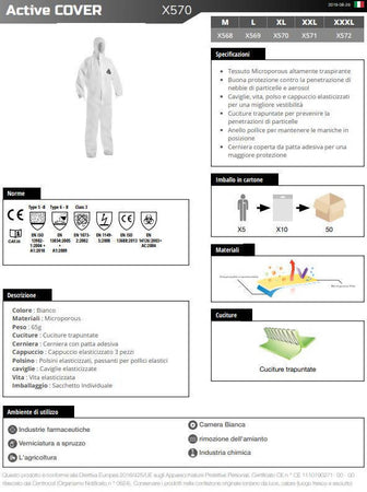 Tuta contro Rischio Chimico Biologico Virus Cat. III Classe 5/B 6/B Prodotto con IVA Agevolata 5% Con Cappuccio Active Gear