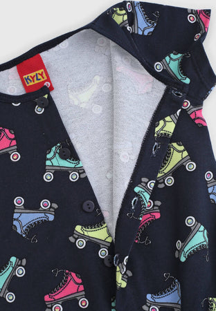 Tutina Bimba Estiva 100% Cotone Tuta Mono Pezzo Mezze Maniche Pantaloni Corti Bambina Blu Navy Stampa Pattini Colorati Tuta Estiva Leggera tutina Piccole Canaglie - Tropea, Commerciovirtuoso.it