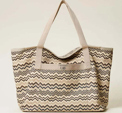 Twinset Borsa Shopper in Canvas Stampato Canapa E Nero Maxi Borsa a Spalla 2 Manici Borsa Logo Frontale, Chiusura Con Zip, Fodera Moda/Donna/Borse/Borse Tote You Store - Messina, Commerciovirtuoso.it