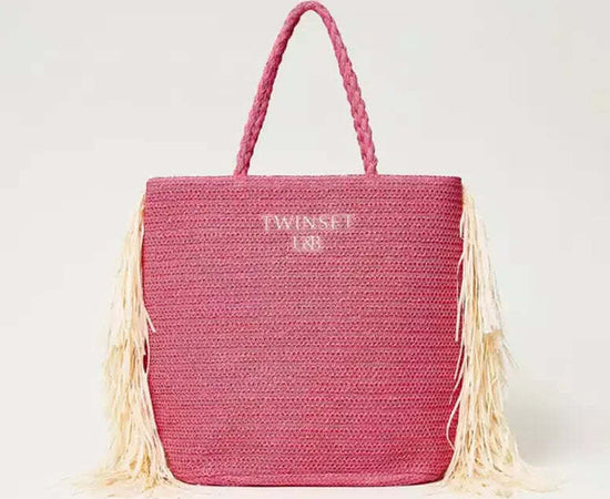TWINSET-|-Borsa-shopping-effetto-rafia-con-frange