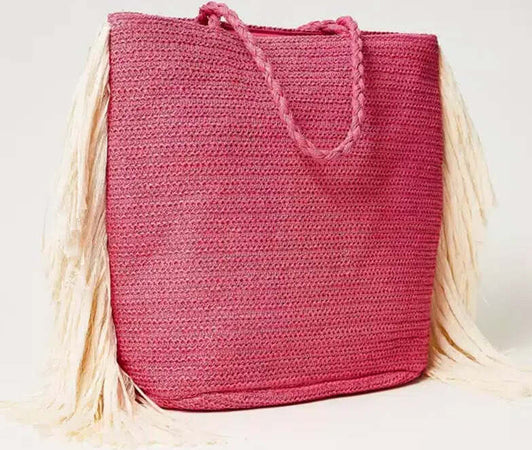TWINSET-|-Borsa-shopping-effetto-rafia-con-frange