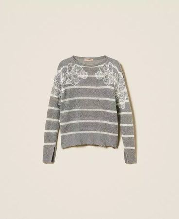 Twinset maglia donna in misto mohair righe grigio melange bianco neve con pizzo e spacco fronte