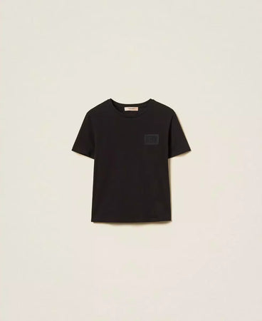 T-shirt donna Twinset regular fit in jersey di cotone con ricamo trasparente e logo lettering fronte