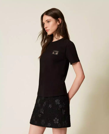 T-shirt donna Twinset regular fit in jersey di cotone con ricamo trasparente e logo lettering lato