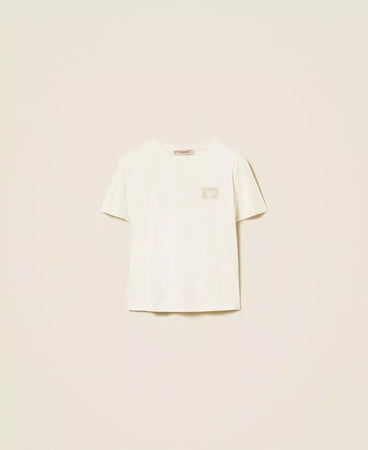T-shirt donna Twinset regular fit in cotone con ricamo trasparente e logo lettering vista frontale