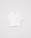 T-shirt Twinset donna in cotone bianco con ricamo ad intarsio e spalle scese davanti