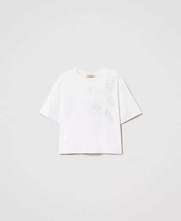 T-shirt Twinset donna in cotone bianco con ricamo ad intarsio e spalle scese davanti