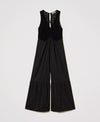 Tuta lunga donna Twinset in popeline nero con gilet crochet e linea morbida davanti