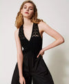 Tuta lunga donna Twinset in popeline nero con gilet crochet e linea morbida dettaglio sopra