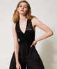 Tuta lunga donna Twinset in popeline nero con gilet crochet e linea morbida dettaglio sopra