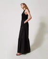 Tuta lunga donna Twinset in popeline nero con gilet crochet e linea morbida lato
