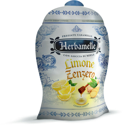 Caramelle Herbamelle pregiate. Caramelle con miele, limone e zenzero per il benessere delle vie respiratorie. confezione di 75g con 18 o 19 caramelle dentro