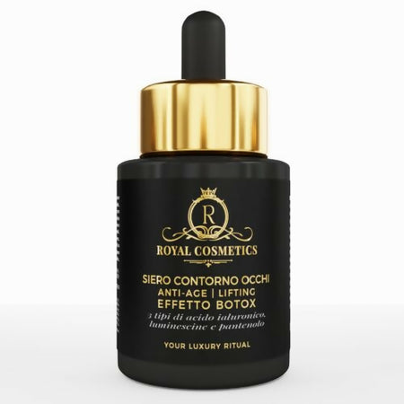 Siero contorno occhi antiage 30ml Royal Cosmetics. Lifting effetto botox con peptidi, ac. ialuronico, collagene, luminescine, centella.