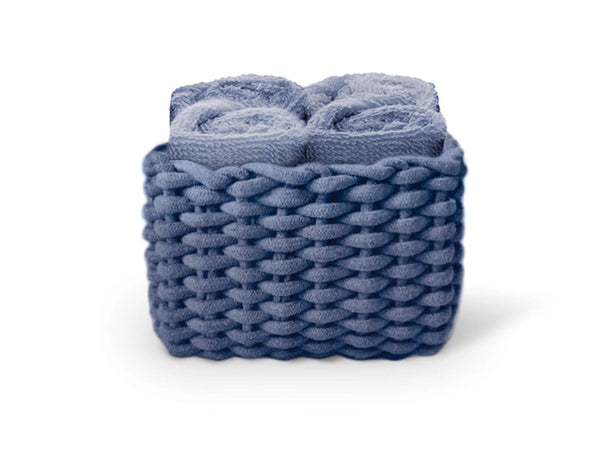 Set di 4 lavette Daunex Classic 30x30 in spugna di cotone con cestino decorativo, accessorio bagno elegante.