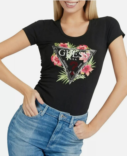 Guess T-Shirt Donna in Cotone Organico Stretch a Manica Corta Scollo Rotondo T-Shirt Slim Con Strass E Logo