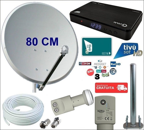 Kit satellitare da 80 CM per ricezione canali Tivùsat con decoder WWIO UNICO ed LNB Twin con Sat Finder e Bussola integrati
