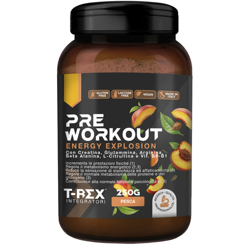 Integratore Pre Workout, Energy Drink Potente Con Creatina Monoidrata, Citrullina, Taurina, Arginina, Beta Alanina E Vitamine - Pre-allenamento Energia E Massa - Senza Caffeina, T-rex Integratori 250g Aroma pesca