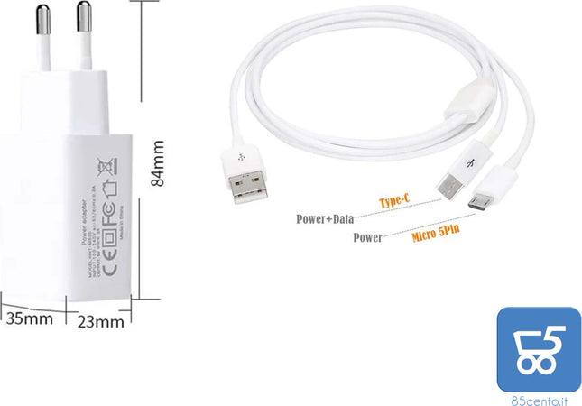 USB POWER ADAPTER - 2A 100-240VAC per IPHONE, AIRPODS, SAMSUNG con Cavo USB Splitter USB-C Micro USB