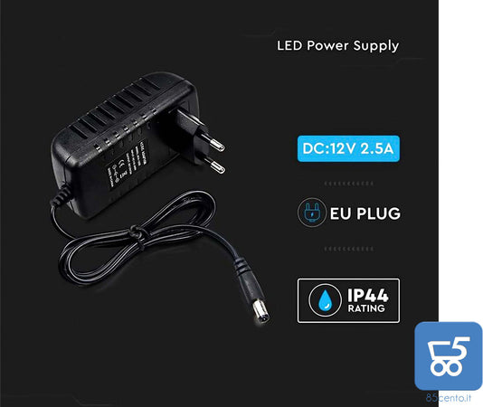 V-TAC Alimentatore 12V 30W 2,5A per Telecamere Strisce LED Modem 12V Input AC 100-240V 50/60Hz spine EU Spinotto 5,5x2,1mm