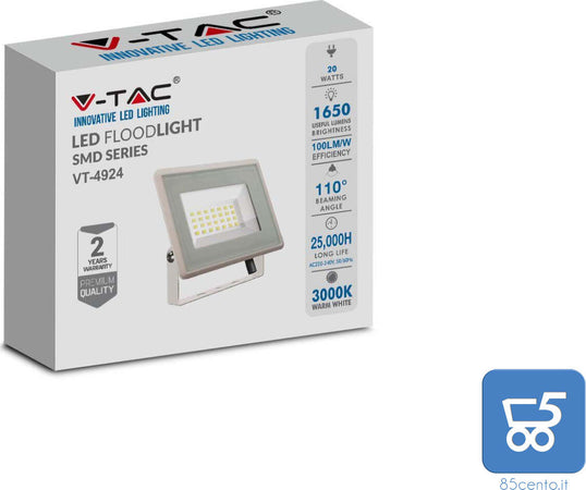 V-Tac Faro Proiettore LED SMD 20W Ultra Sottile Esterno Colore Bianco Naturale 4000K VT-4924
