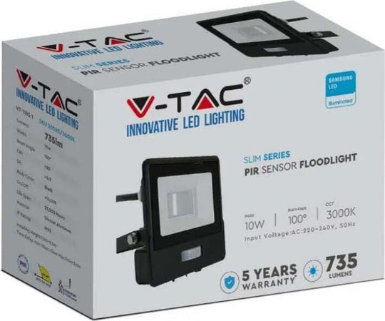 V-TAC-PRO-Faro-LED-Chip-Samsung-10W-con-Sensore-PIR-Cavo-1m-Colore-Nero-Luce-Bianca-Fredda-6500K-IP65