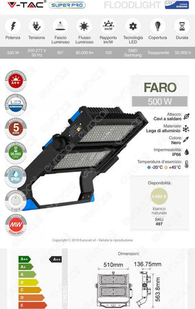 V-TAC SUPER PRO VT-502D FARO LED 60° A++ 500W SMD DIMMERABILE CHIP SAMSUNG Luce Naturale 4000k 60000lm IP66 Illuminazione/Illuminazione per esterni/Proiettori Zencoccostore - Formia, Commerciovirtuoso.it