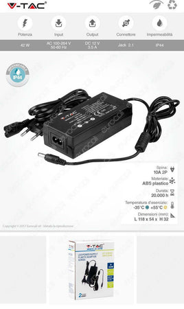 V-TAC VT-23043 ALIMENTATORE 42W 3.5A 12V PLUG&PLAY CON JACK 2.1 IP44 - SKU 3249 Commercio Industria e Scienza/Impianti elettrici/Cablaggio e collegamenti/Alimentazione elettrica industriale Zencoccostore - Formia, Commerciovirtuoso.it