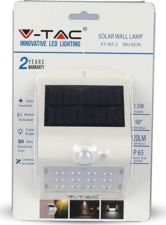 V-TAC VT-767-2 LAMPADA BIANCA DA MURO LED 1,5W CON PANNELLO SOLARE E SENSORE - SKU 8276 Illuminazione/Illuminazione per esterni/Lampade da parete Zencoccostore - Formia, Commerciovirtuoso.it